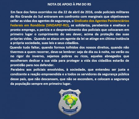 Sindapef emite nota de apoio à Polícia Militar do Rio Grande do Sul